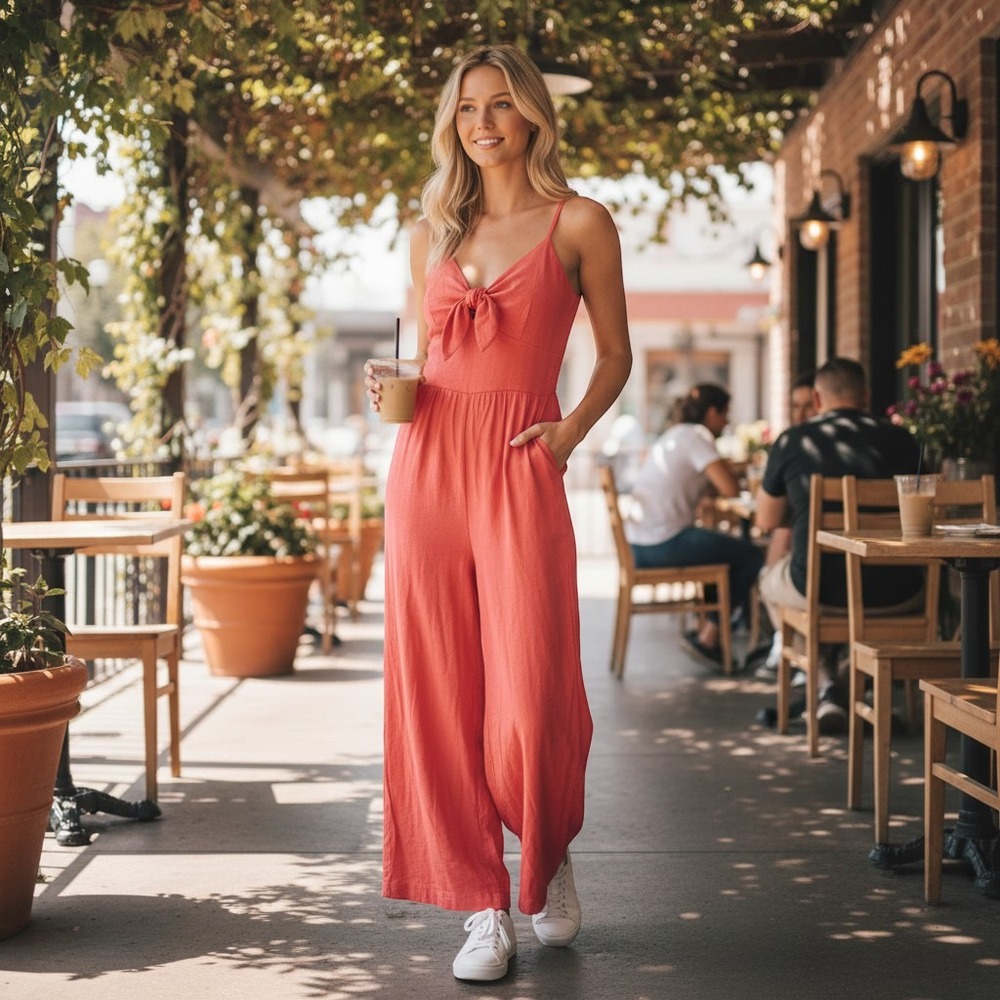 NWT Coral Tie Front Wide Leg Jumpsuit Romper Boho Beach Vacation Women's‎ Small